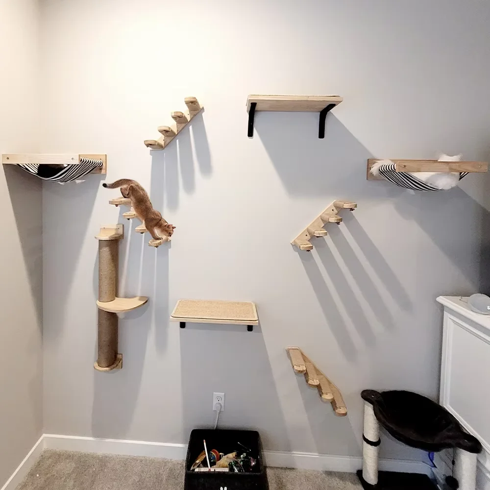 Estantes de pared para gatos, escalones de hamaca para gatos y almohadilla para rascar, muebles de escalada montados en madera maciza, sistema de pared de cama y perca para gatos interior - imagen 4