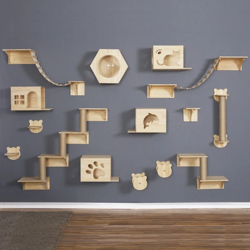 Hamaca para gatos montada en la pared, juego de estante de pared para gatitos, poste rascador de madera, casa de árbol trepadora, juguete, muebles para mascotas - imagen 3