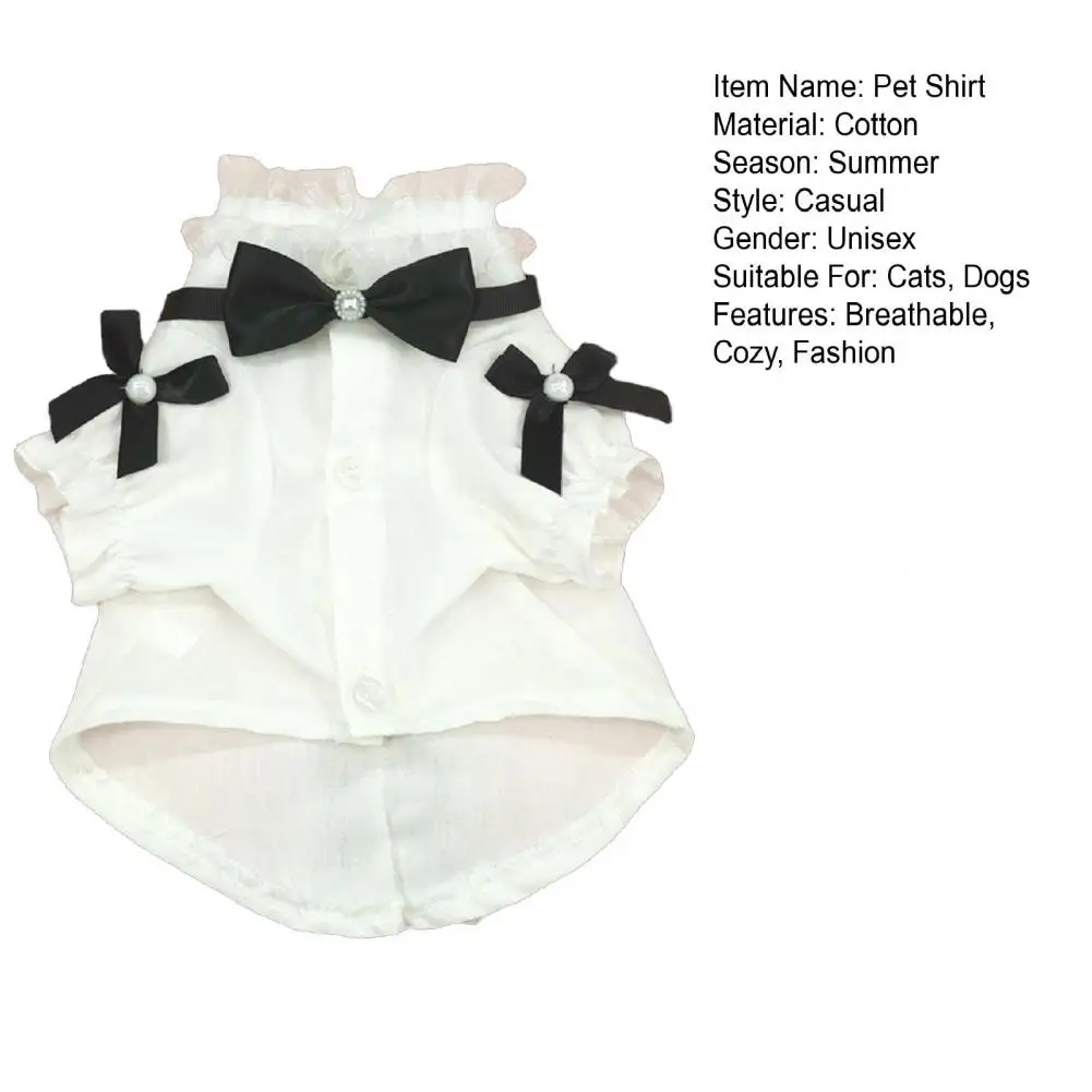 Camisa de verano para perro, traje con escote de encaje y lazo negro para cachorro, camiseta de manga corta con cierre de botón para gato, ropa encantadora para mascotas, ropa de uso diario - imagen 5