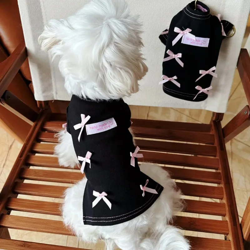 Summer Winter Pet Black Base Shirt Dog Cat Home Top Pink Bow Small Shirt Dog Pullover Top Puppy Clothes for Small Dogs T_Shirt - imagen 2