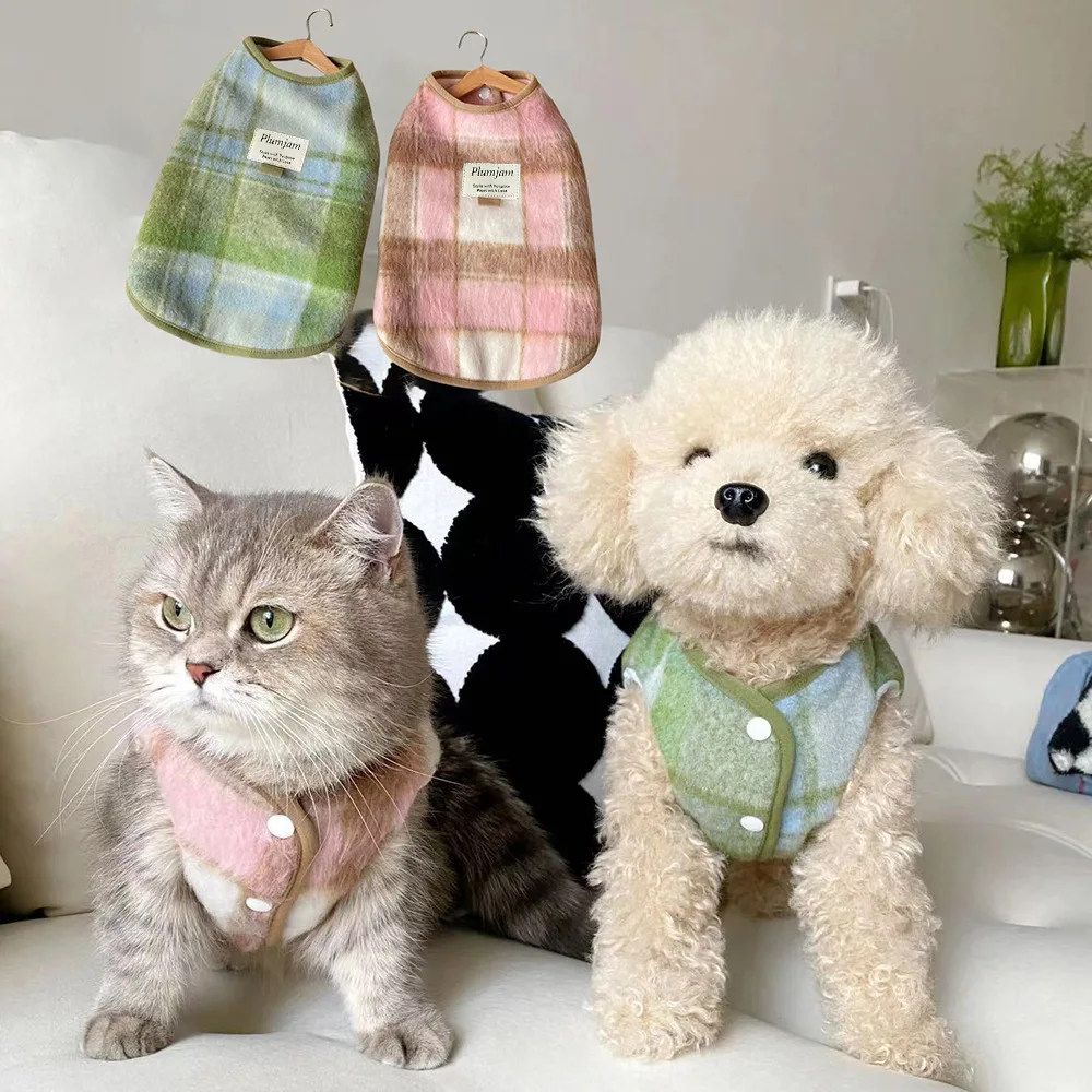 Ropa para Gato, chaleco de lana a cuadros con piel de conejo, ropa aislante de Navidad para perros, ropa para cachorros, ropa para perros pequeños