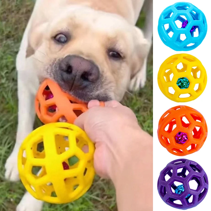 Bola hueca de juguete para perros con campana, juguete para masticar de goma Natural, pelotas interactivas para perros, entrenamiento para cachorros, limpieza de dientes, juguetes huecos - imagen 2