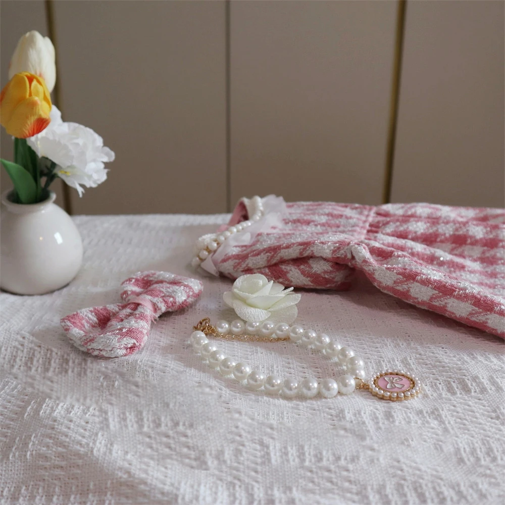 Vestido de lana a cuadros para cachorro, suéter con cuello de perlas, osos de peluche, cárdigan para perro mediano y pequeño, ropa para mascotas de otoño e invierno, ropa para perros - imagen 3