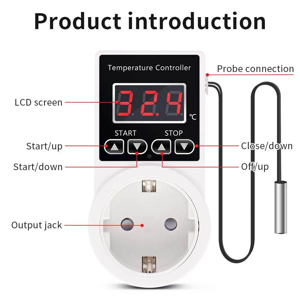 Enchufe controlador de temperatura inteligente AC 220V enchufe UE salida de termostato Digital-20 ~ 120 ℃   Interruptor de calefacción y refrigeración con sensor - imagen 5