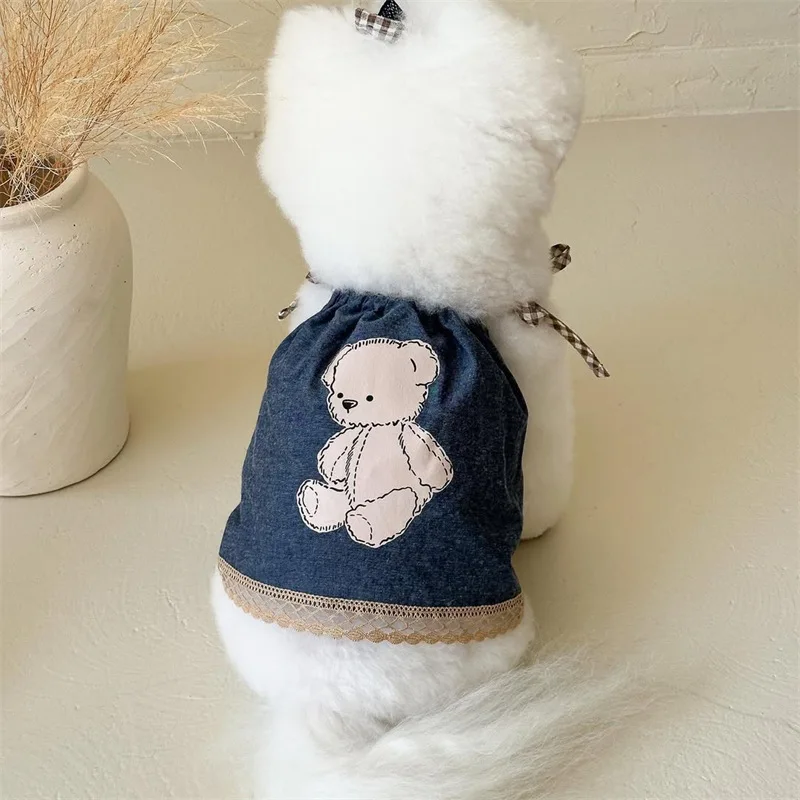 Vestido vaquero con tirantes para mascotas, chaleco con tirantes vaqueros de dibujos animados para gatos, oso de peluche, tocado con lazo superior para perros, vestidos para perros pequeños
