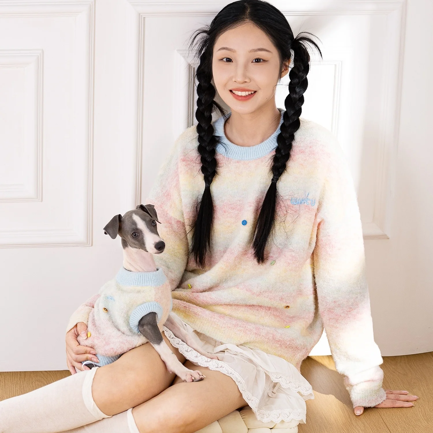 Ropa para perros y dueños, chaleco de punto a rayas para perros de compañía con suéter humano, prendas de punto de arcoíris para mascotas, suéteres a juego para perros y propietarios - imagen 3