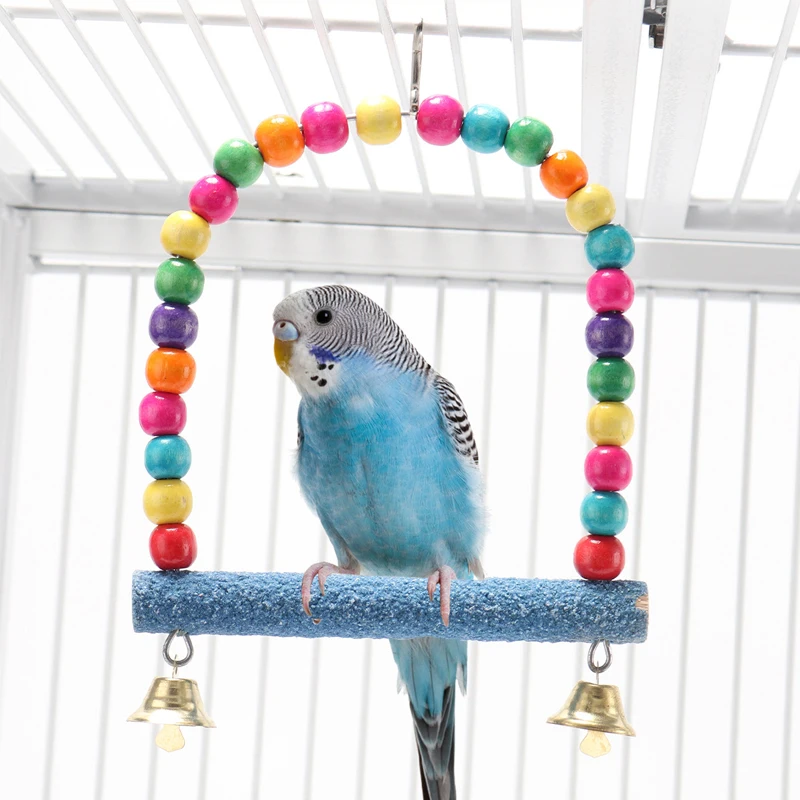 Columpios de madera para pájaros con campanas colgantes para cacatúas, accesorios para jaula de periquitos, jaula para pájaros, perca para loros, columpio colgante - imagen 2