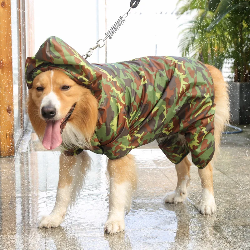 Chubasquero grande para perro con agujero de correa, ropa con capucha ligera de camuflaje a prueba de lluvia para Golden Retriever Alaskan Malamute Husky - imagen 3
