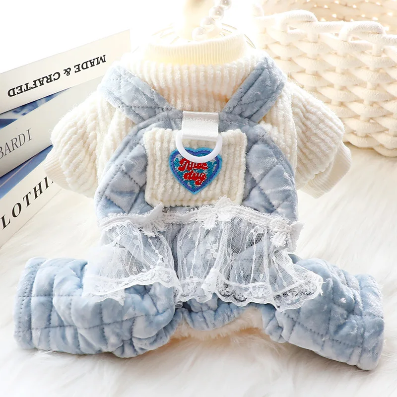 Ropa de invierno y otoño para perros, abrigo de algodón de cuatro patas a cuadros de lana gruesa, traje cálido de Estilo Princesa de encaje para perros pequeños - imagen 3