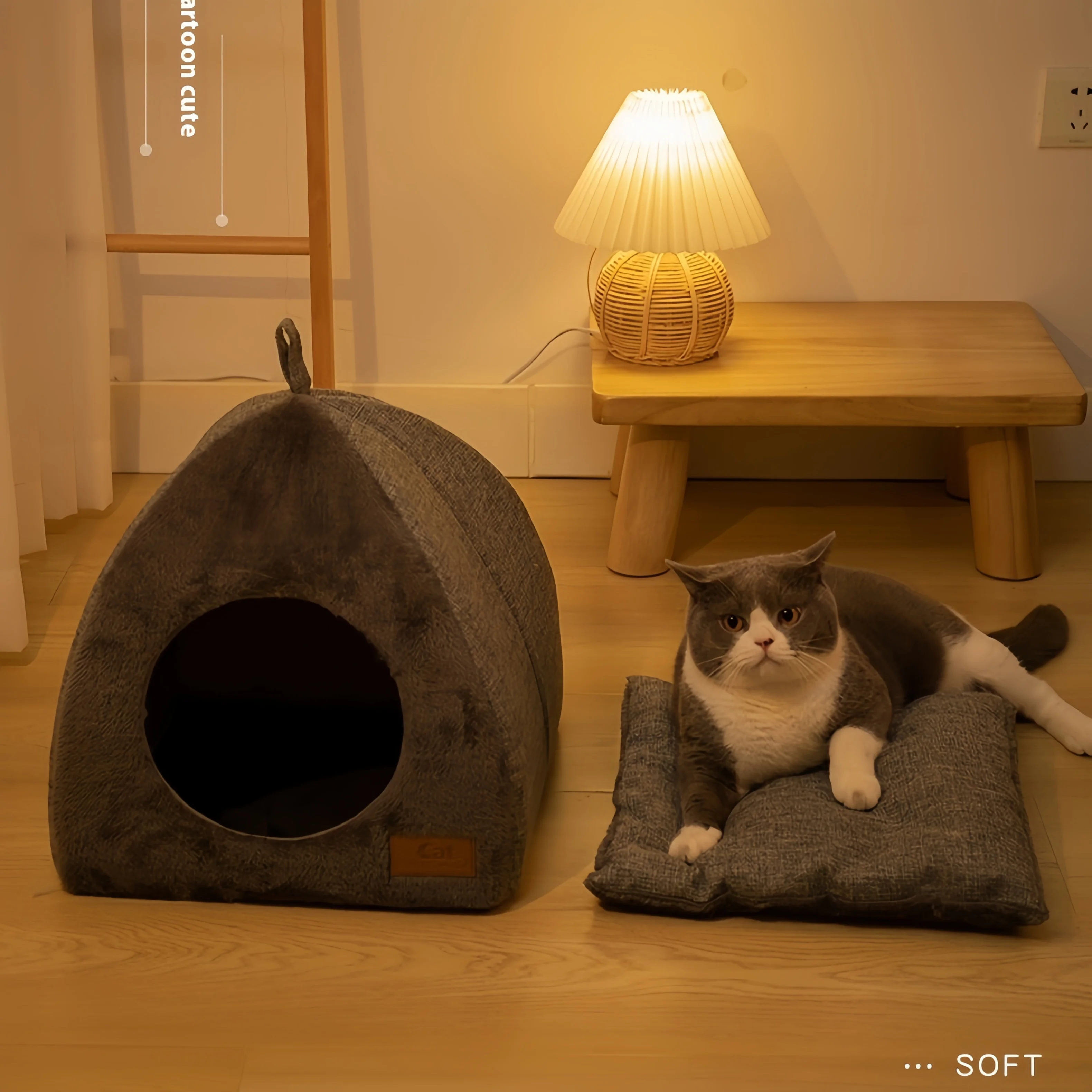 Cama cerrada para gatos, casa para interiores, cálida, cómoda cesta para mascotas, alfombrilla pequeña acogedora para perros pequeños, accesorios para gatitos, Invierno - imagen 3