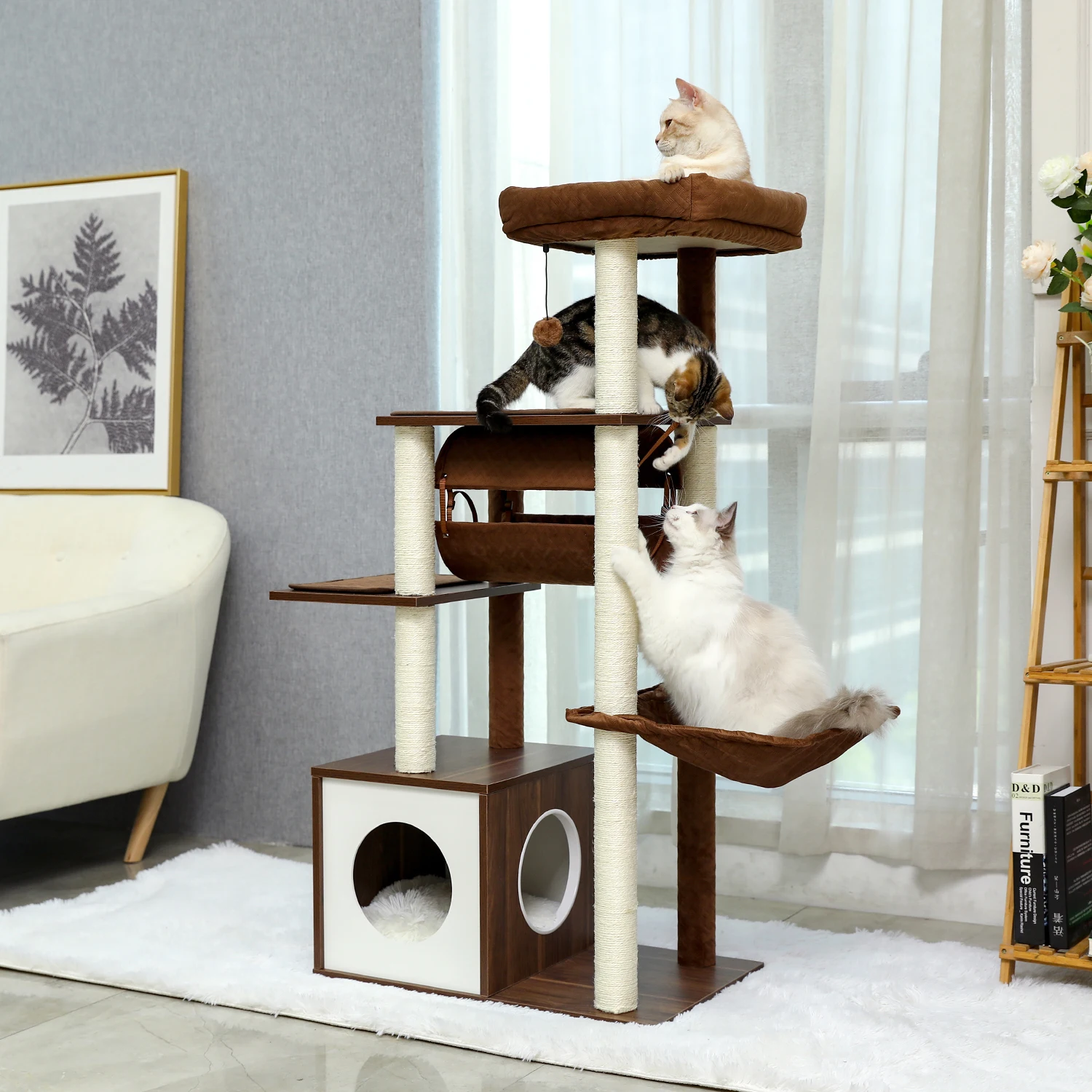 Torre de árbol para gatos de 147CM de altura, consolas dobles para interiores, madera maciza, plataforma multinivel, Bola de felpa acolchada, perca, rascador gato - imagen 5