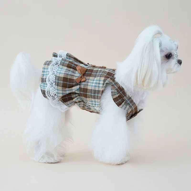 Vestido a cuadros para perros pequeños con falda de encaje y lazo - imagen 3