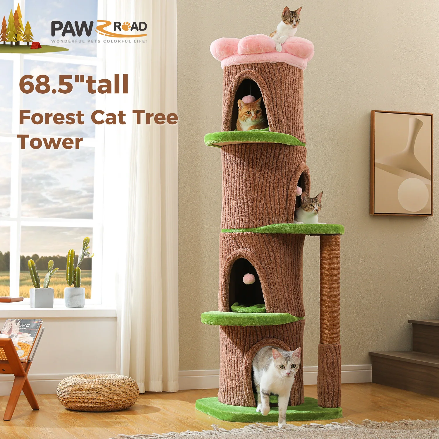 Árbol para gatos grande con casas, poste rascador y cama floral - imagen 2