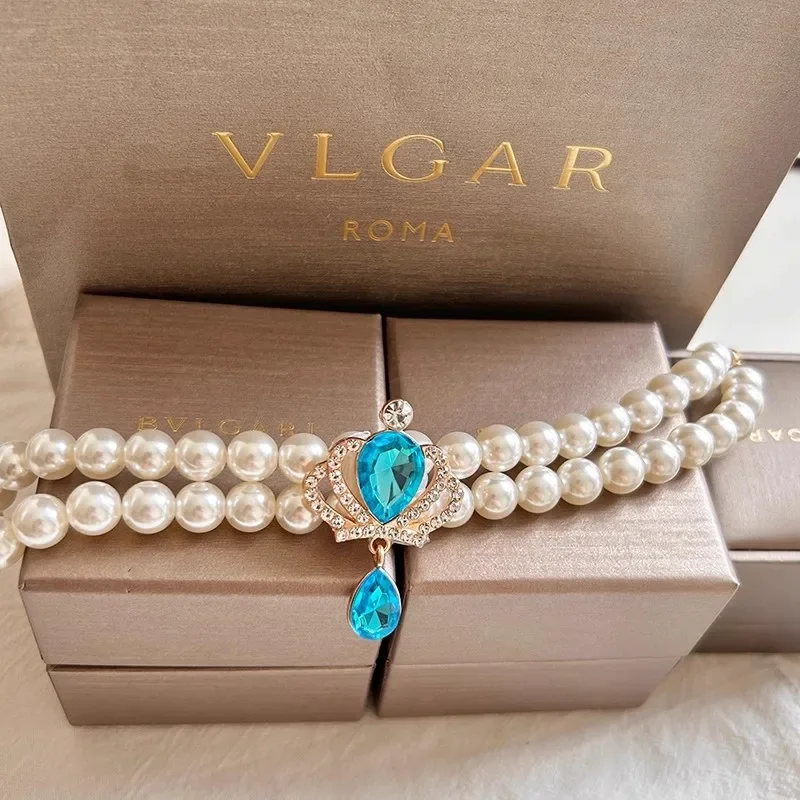 Collar de perlas con corona Retro de doble capa de princesa y gato ajustable, Collar para perro mascota, cadena para el cuello, Collar para mascota Yorkshire de peluche dulce - imagen 5