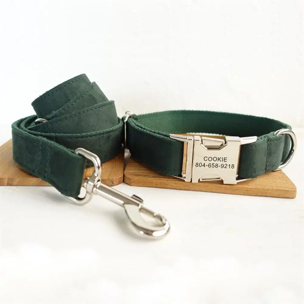 Collar personalizado para mascotas, correa de plomo con placa de identificación, ajustable, tela de gamuza verde suave, gato y perro