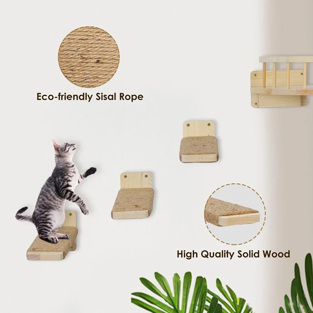Escalones de pared para gatos con rascador de sisal – Madera natural - imagen 3