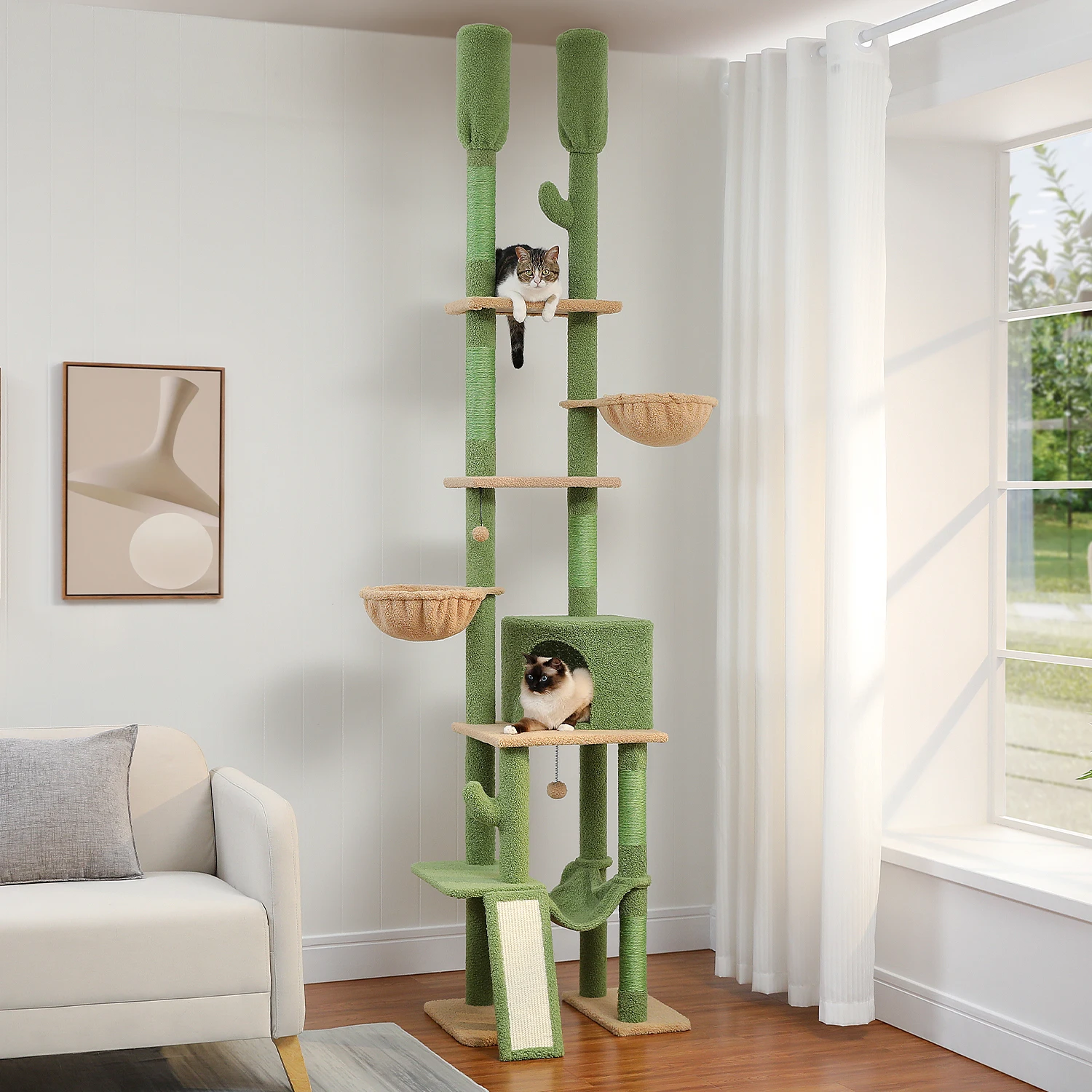 Árbol para gatos de piso a techo para interiores, torre para gatos alta de altura ajustable con poste rascador de sisal, condominio acogedor con hamaca, rascadora para gato, juguetes para gatos