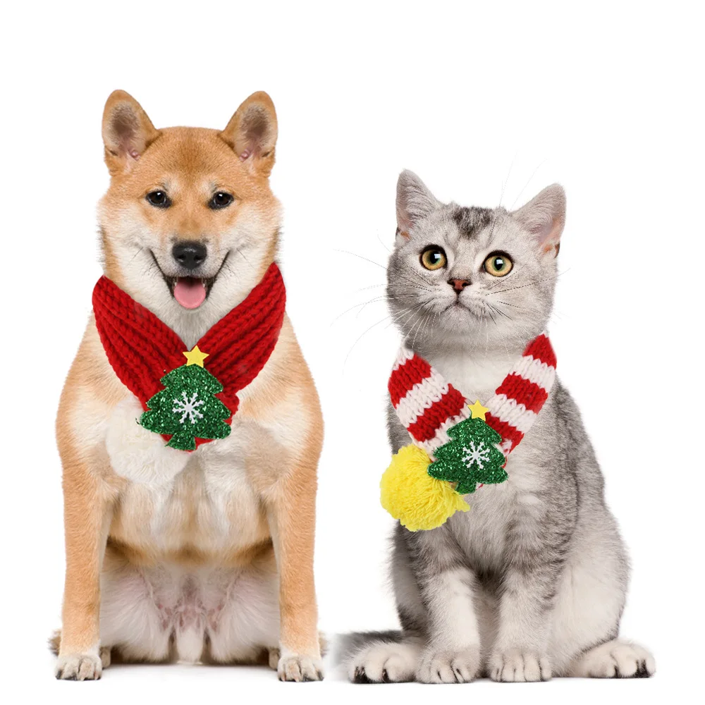 Bufanda navideña festiva de punto para mascotas: acogedora bufanda de lana roja y verde para gatos y perros pequeños