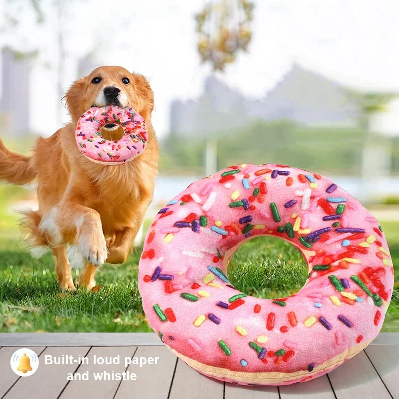 Juguete de peluche para perros, Donut, forma de Pizza, juguetes chirriantes para mascotas para perros pequeños y grandes, limpieza de dientes, juguete con sonido - imagen 3