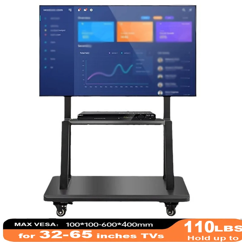 Soporte para TV móvil, carrito para TV con ruedas inclinable con estante multimedia y ruedas de bloqueo, se adapta a televisores de 32 a 65 pulgadas, capacidad para hasta 110 libras, máx. VESA 600x400 m - imagen 2
