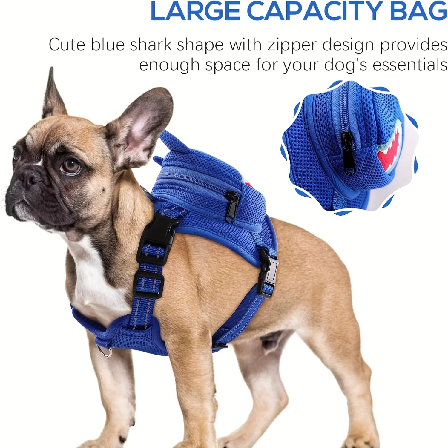 Mochila para perros con arnés, mochila para perros sin tirones con anilla en D para perros pequeños y medianos, autorportabebés con bonito tiburón para mascotas, viaje ajustable - imagen 4