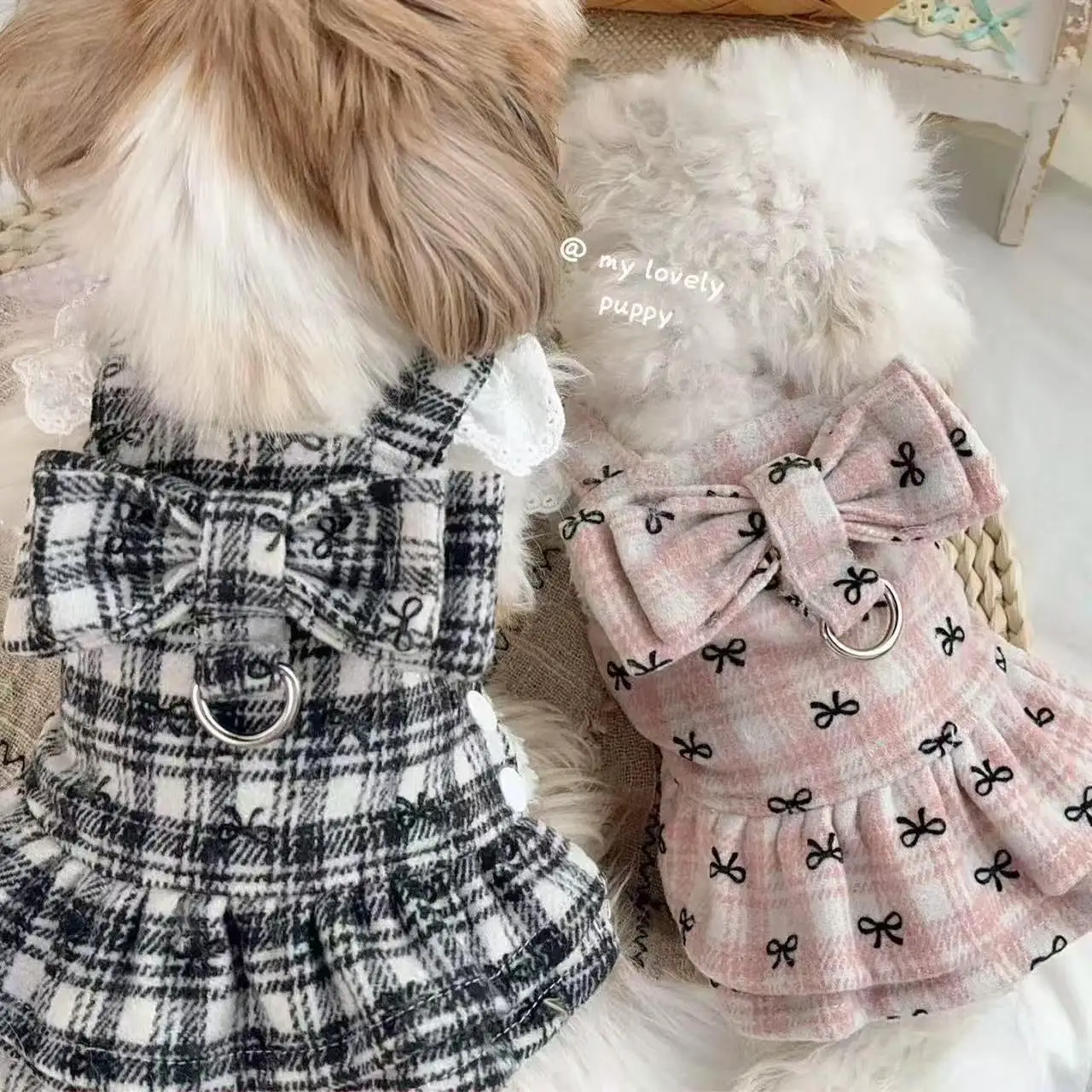 Falda con tirantes y lazo a cuadros para perros pequeños, abrigo cálido para perros con diseño de tracción, ropa de punto para cachorros y gatos, otoño e invierno - imagen 2