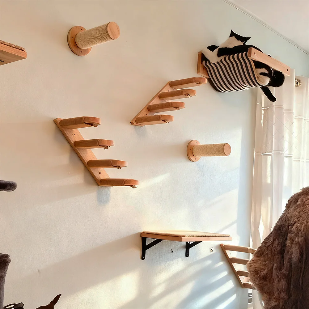 Centro de actividades para gatos montado en la pared Estantes de madera para gatos Columnas rascadores y cuerda de escalada para gatitos y gatos adultos para escalar - imagen 4