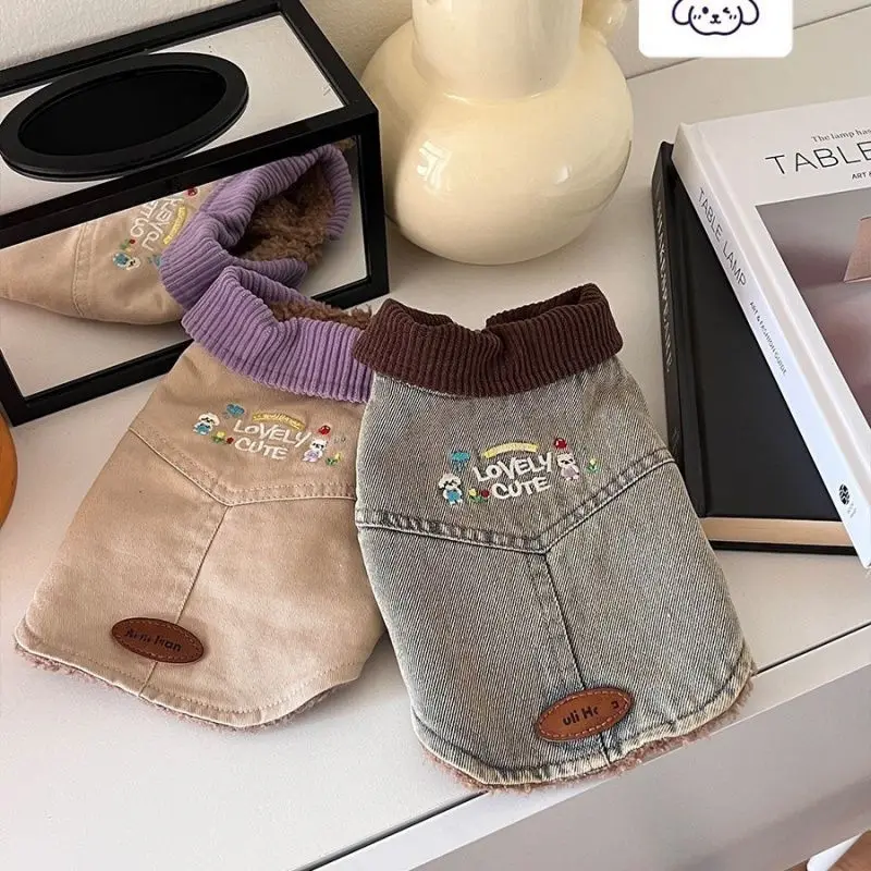 Chaqueta vaquera bordada de otoño e invierno para mascotas, chaleco vaquero para gatos, chaleco cálido y de felpa para otoño e invierno, ropa para cachorros
