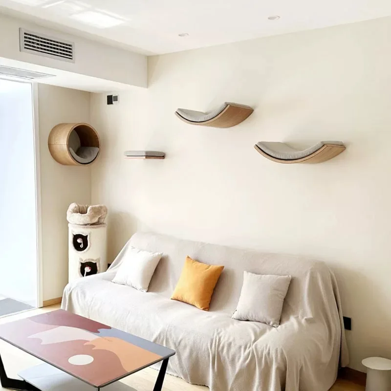 Juego de torre de árbol montada en la pared para gatos con hamaca, escaleras y casa para gatos, accesorio para muebles para mascotas para pasear y jugar - imagen 3