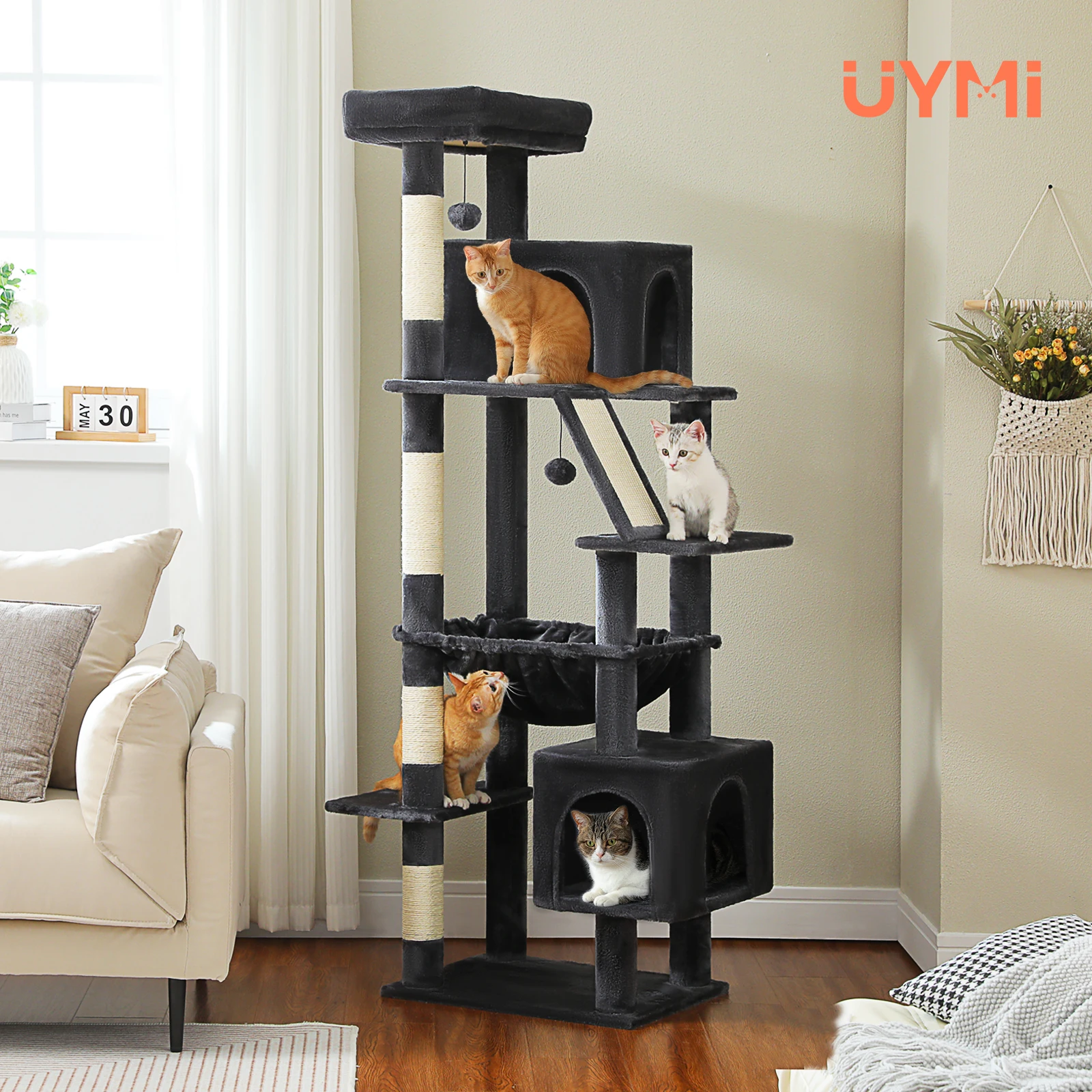 Árbol para gatos de 180 cm de altura para gatos grandes con hamaca grande, torre para gatos estable y resistente con postes rascadores de sisal, 2 condominios espacios - imagen 2