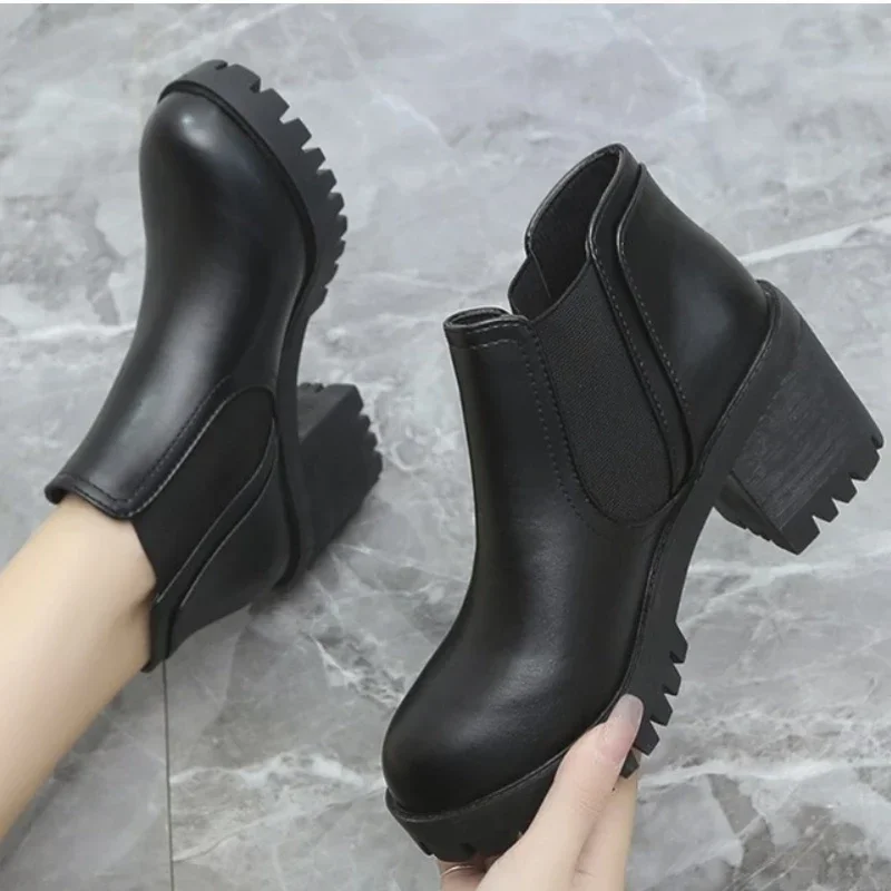 Botas de tacón alto con punta redonda para mujer, botines informales de tacón grueso, de Color sólido, cómodos, a la moda, para otoño e invierno, novedad de 2024 - imagen 2