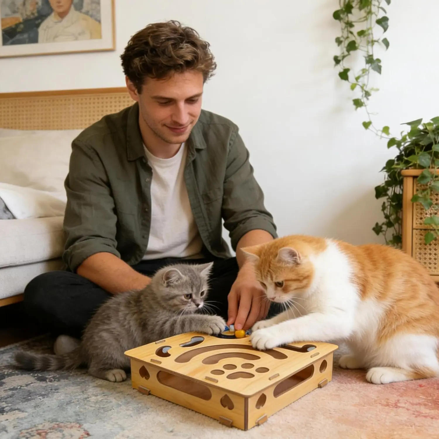 Caja de enriquecimiento de lima de uñas para gatos de interior con bola, tablero rascador de uñas para mascotas y caja de golosinas, juguete autoentrenante para gatos - imagen 2