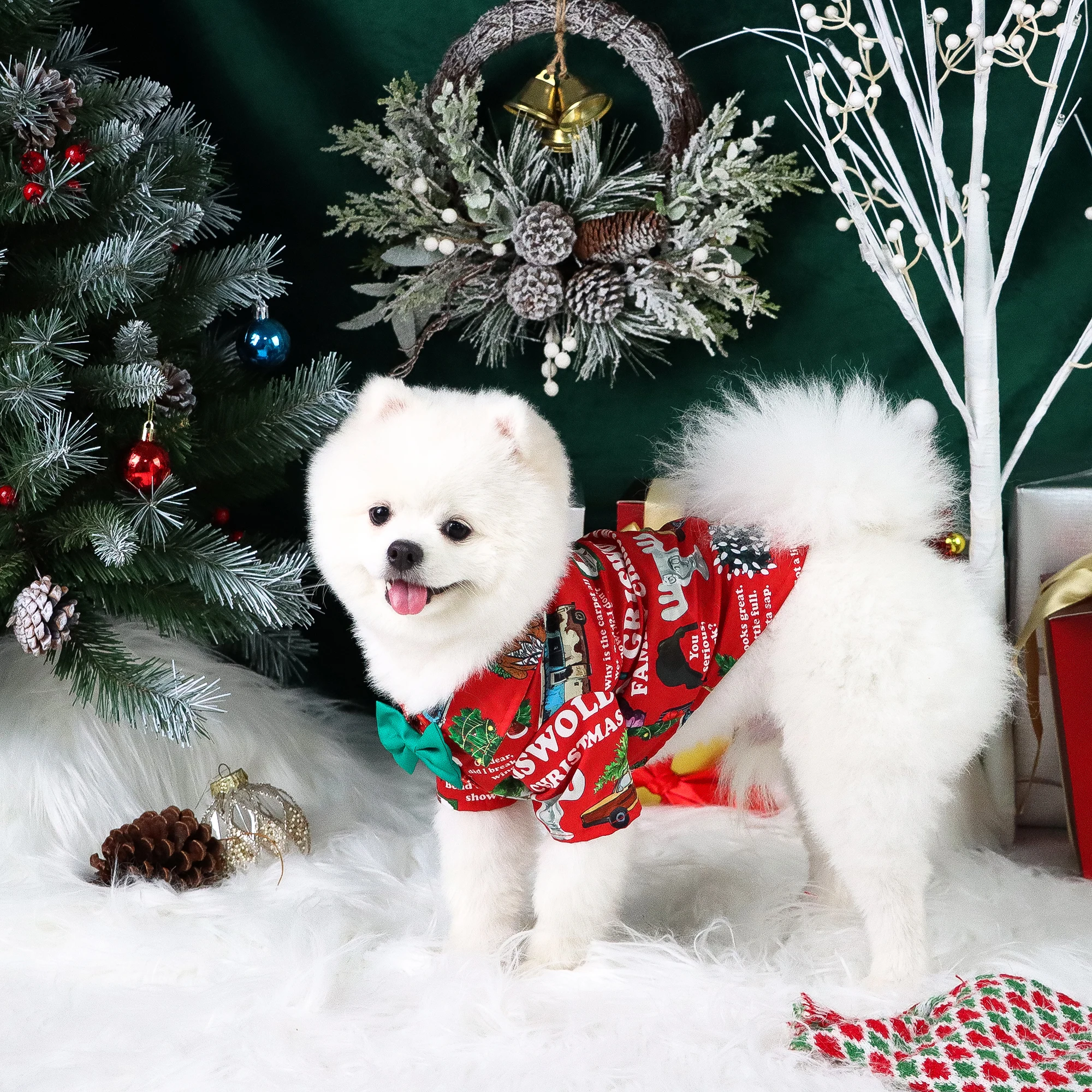 Dog Christmas Clothes for Small Dogs Shirt Santa Claus and ElkPrinted Costume Puppy Pajama with Snow and Gift Box Pattern Doggie