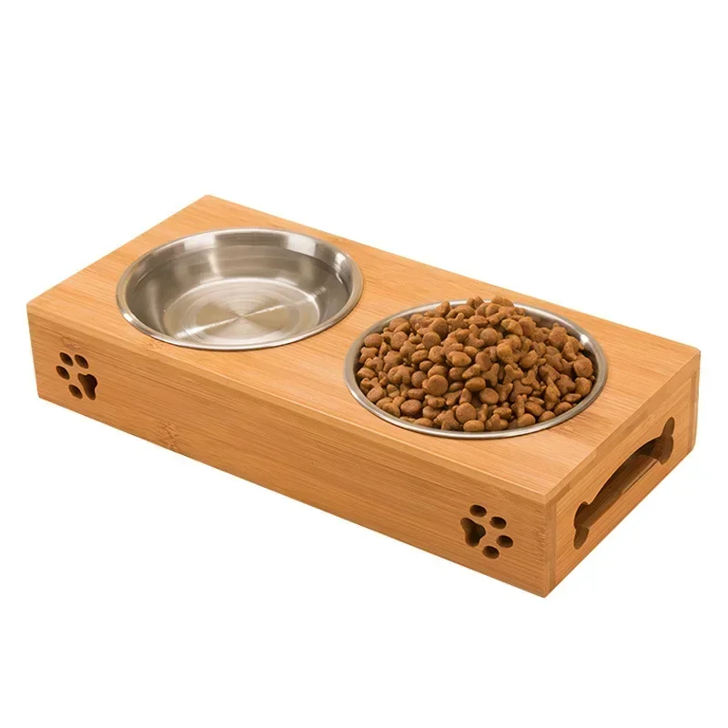 Cuenco de cerámica para perros y gatos, mesa de madera de bambú en un gatito, cuenco doble antideslizante, cuenco de comida para perros pequeños - imagen 3