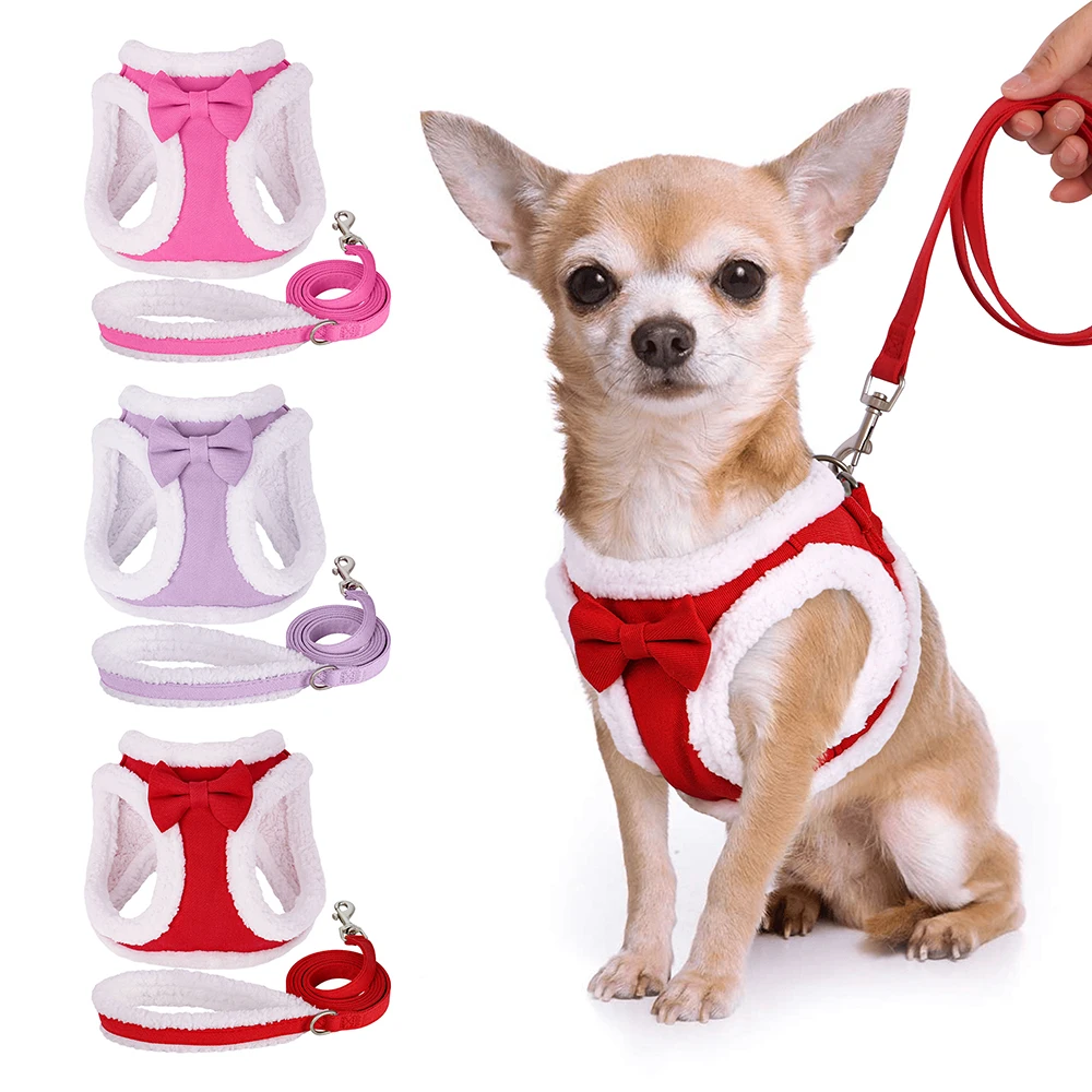 Conjunto de arnés y correa para perro, chaleco de lana suave con pajarita bonita para perros pequeños y medianos, cinturón para caminar en Chihuahua, Invierno - imagen 5
