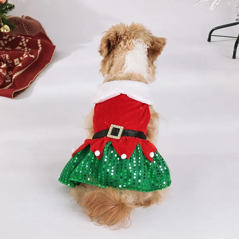 Disfraz navideño para perros pequeños y medianos, vestido navideño para perros, traje estilo elfo de Papá Noel con falda de lentejuelas, ropa festiva para - imagen 4