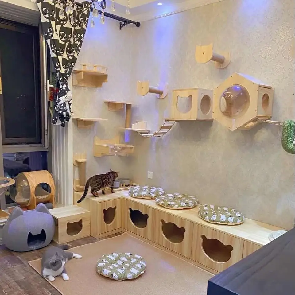 1 pieza de árbol de madera para gatos, muebles para gatos montados en la pared, escalera para gatos, hamaca, plataforma para saltar para gatos - imagen 3