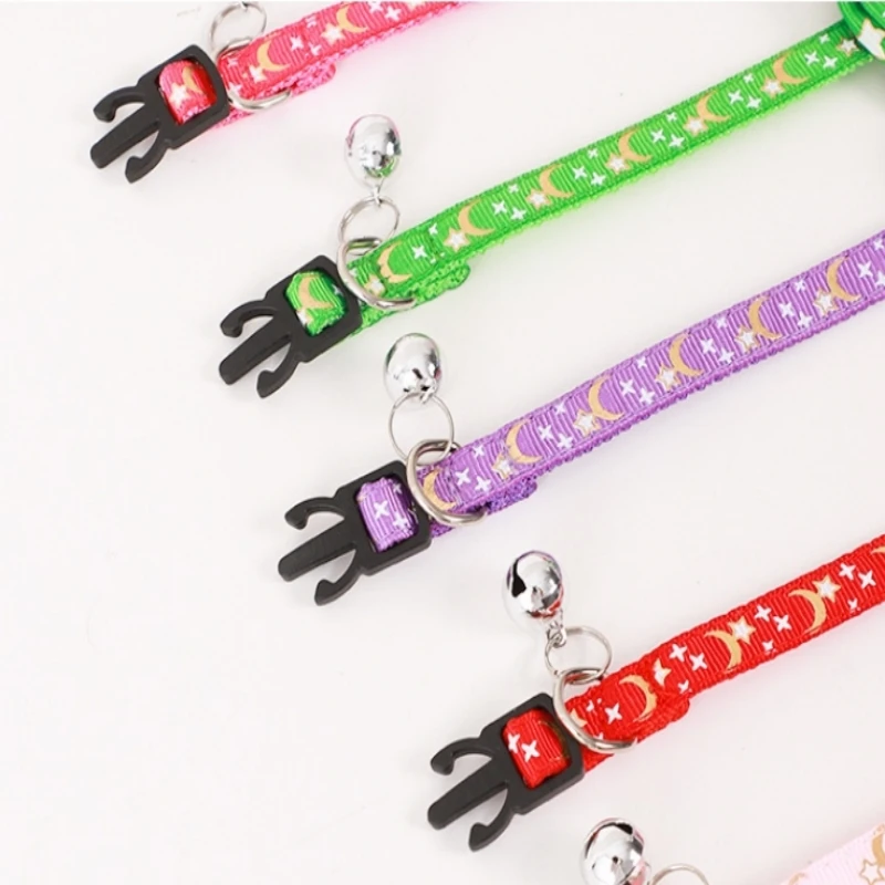 Collar de campana con lazo para gato, estampado en caliente, tejido con patrón de estrellas y Luna, lazo extraíble, Collar para cachorro y gato, Collar ajustable para perro - imagen 4