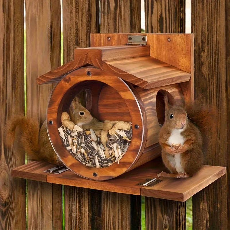 Comedero de madera para ardillas, comederos para exteriores de invierno, alimentador de ardillas de madera para maíz, cacahuetes, casa duradera, fácil de llenar