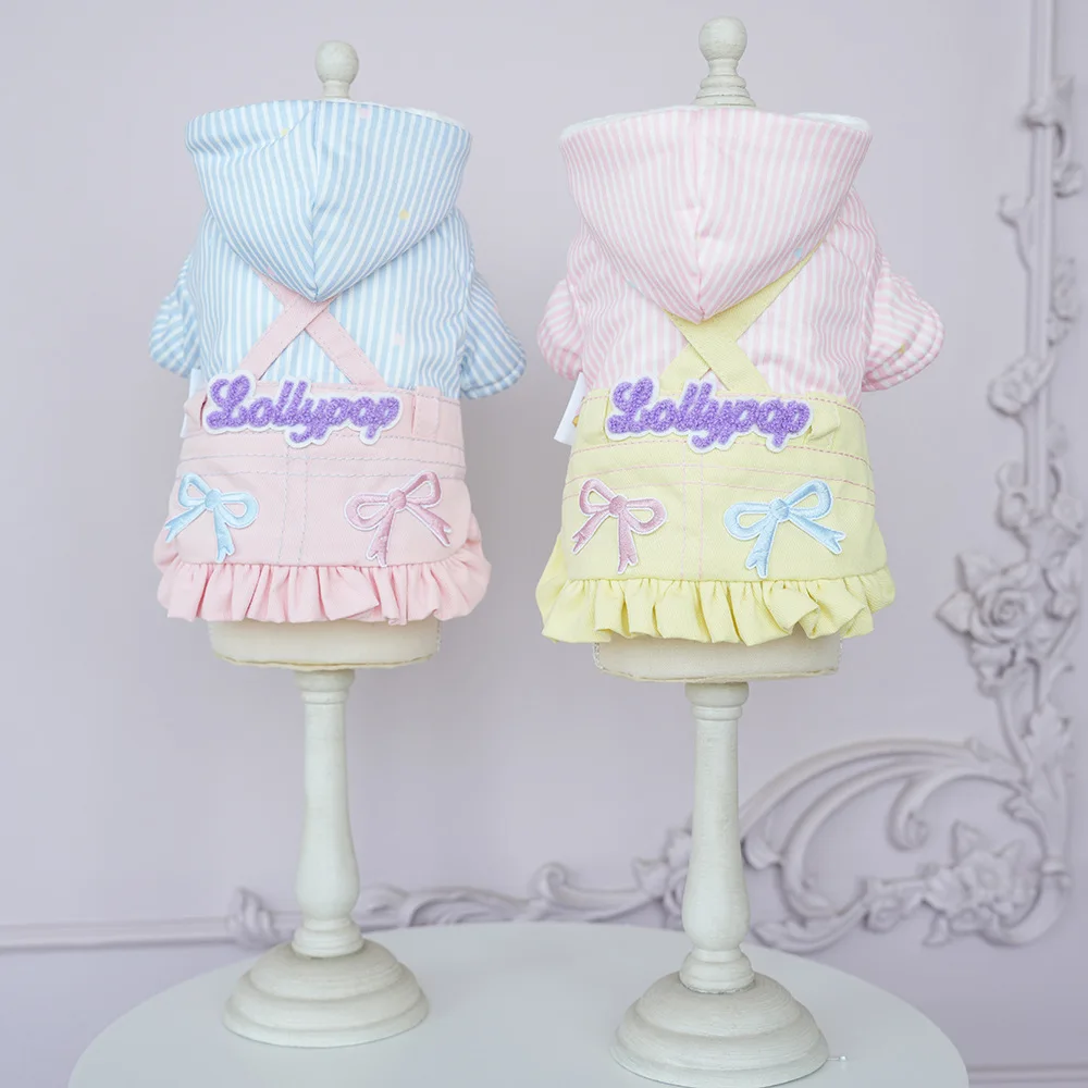Abrigo a rayas para mascotas, falda vaquera con tirantes para el hombro, abrigo con capucha para otoño e invierno, ropa para perros, gatos y cachorros, ropa para perros pequeños - imagen 5