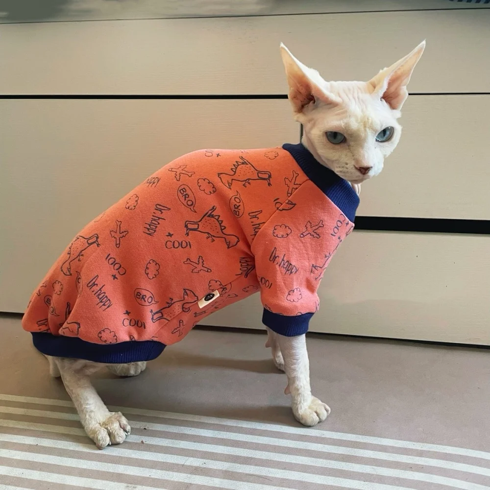 Sphynx Cat Cotton Cartoon Dinosaur Sudadera Camiseta de manga larga para gato sin pelo Abrigo de primavera rojo Ropa de estar por casa gris para gatitos - imagen 2