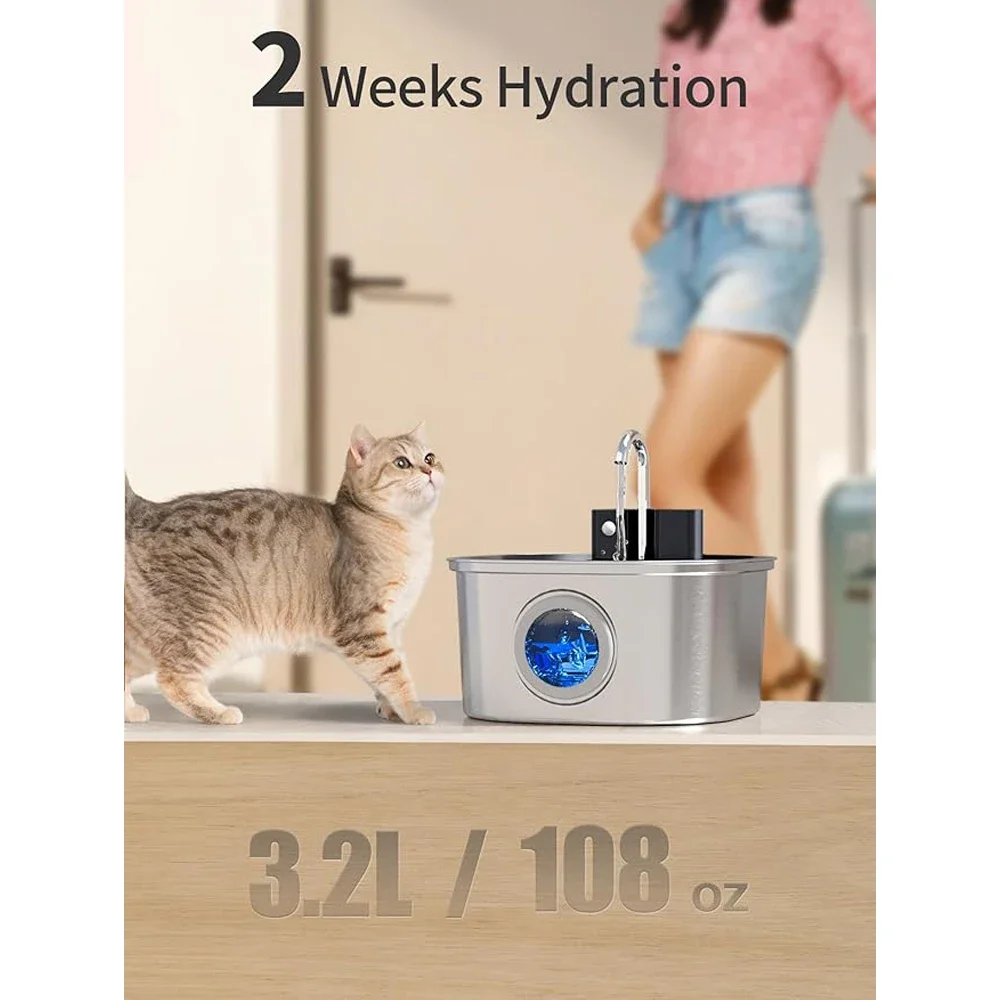 Alimentador de agua inalámbrico de acero inoxidable para mascotas, grifo automático para fuente de gato, dispensador de agua inteligente para perros, cuenco para beber con ventana Visual, 3,2l - imagen 2