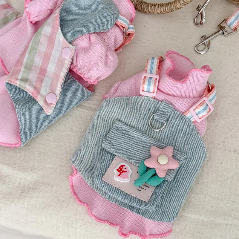 Ropa de invierno para mascotas, falda vaquera para cachorros + chaleco Floral de cuerda, ropa para gatos, camisa Base Floral transpirable, ropa para perros pequeños