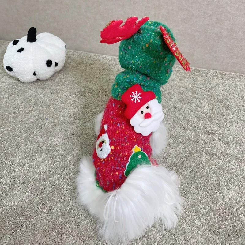 Suéter navideño para mascotas, bonito con cubierta para cabeza de bola de piel, chaleco de punto cálido para otoño e invierno, abrigo de oso Schnauzer, ropa para cachorros - imagen 3