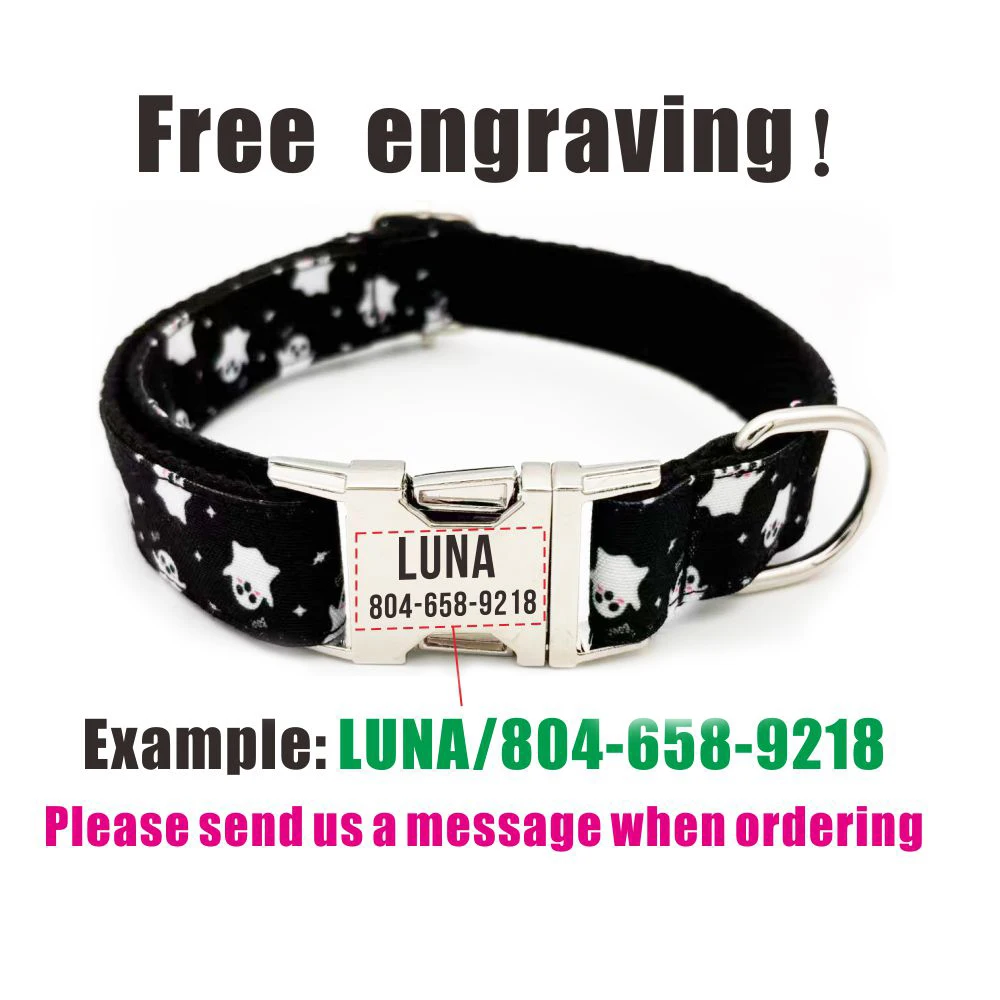 Collar de contactos con nombre personalizado para mascota, accesorio para perro con patrón de Halloween, suministro para mascotas, collares ajustables para perros fantasma - imagen 4