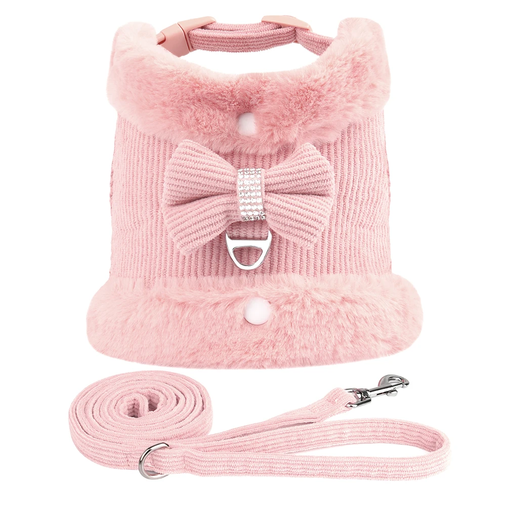 Conjunto de arnés y correa para perro, chaleco con cuello de piel suave y pajarita para Pug, Yorkie, color rosa, cálido, invierno - imagen 2