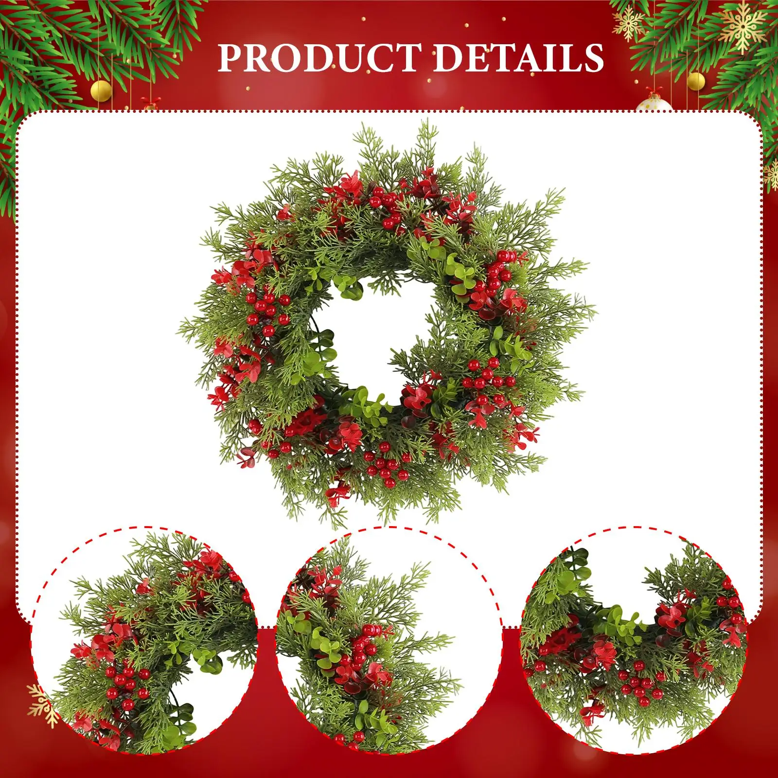 Corona navideña artificial, bayas rojas, corona para puerta delantera, guirnalda navideña, decoración navideña para pared, chimenea de hotel, balcón, boda - imagen 5