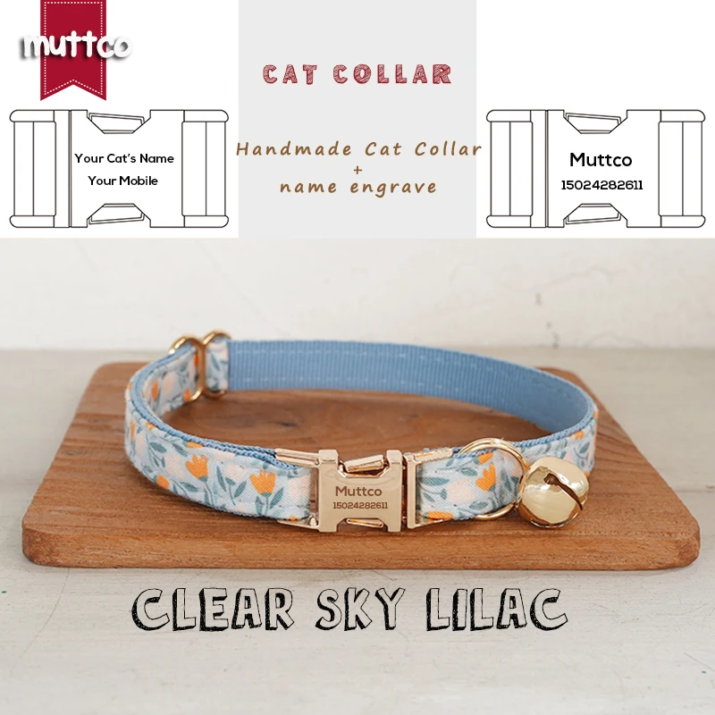 MUTTCO venta al por menor grabado hermoso diseño de patrón de flores hecho a mano claro cielo LILAC collar diseño único collar de gato 2 tamaños UCC152