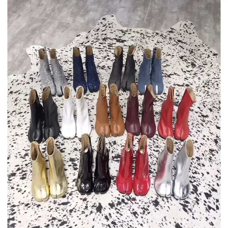 Botas Tabi de diseño de marca 2024, Botas de Mujer de tacón alto grueso con punta abierta, Zapatos de cuero para Mujer, Zapatos de moda de otoño para Mujer, Botas para Mujer - imagen 4