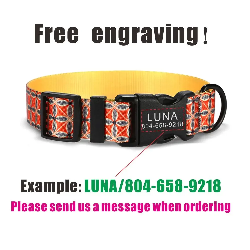 Collar de perro personalizado, correas a juego, nombre de identificación personalizado, hebilla de contactos, collares ajustables con estampado rojo para mascotas - imagen 4